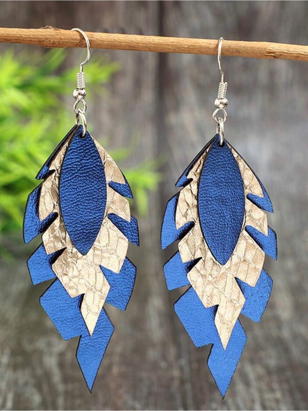 Blue and Gold Layered Feather Drop Earrings - Women Jewelry - Picture 6 of 7